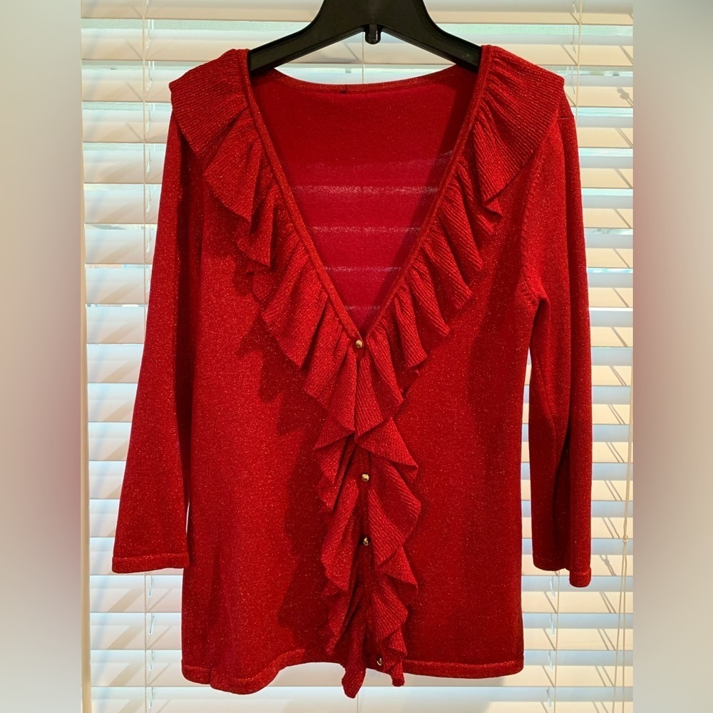 Red Silk Blend Ruffled V-Neck Sparkled Cardigan With Gold Buttons Holiday